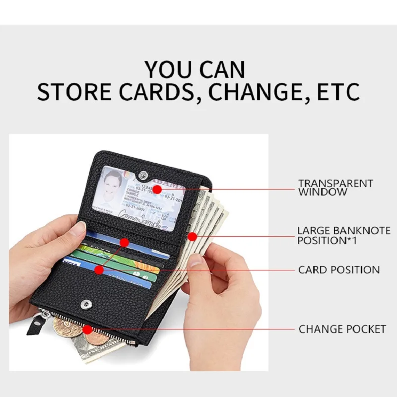 정품 가죽 여성용 소형 RFID 지갑, 지퍼 동전 포켓, 패션 여성용 반지갑, 멀티 카드 홀더 지갑