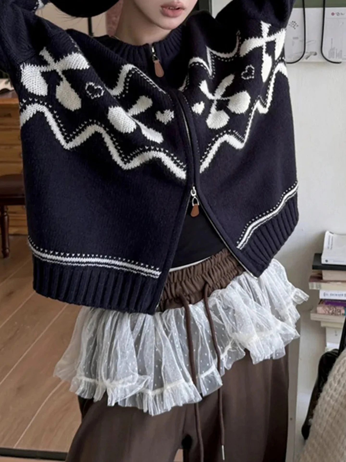 

New 100%Merino Wool Sweater Women O-neck Contrasting Jacquard Cardigan Autumn Winter Cashmere Knitwear Casual Thick Clothing