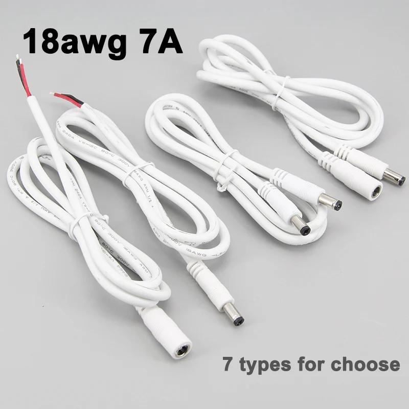 white 1m 18awg 7A DC Male Female Power Supply Connector extension Cable 5.5x2.1mm 5.5x2.5mm Copper Wire For LED Strip light W28