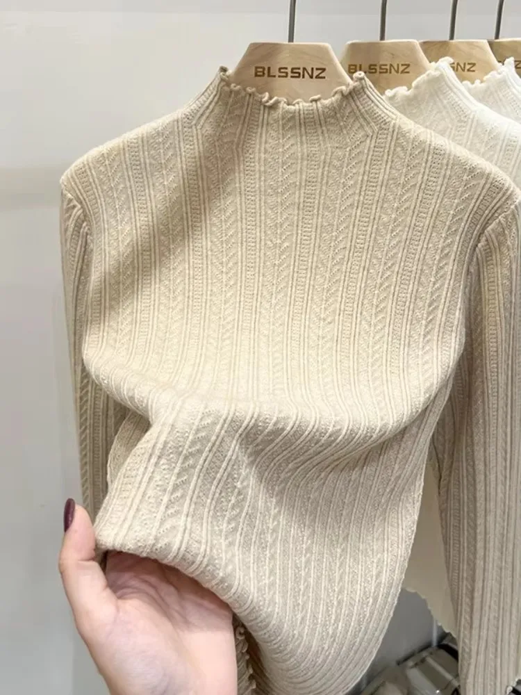 

Pointelle Sweater Women Long Sleeve Mockneck Knit Top with Lettuce Hem Fitted Sweater Mock Neck Pullover Jumper Fall Winter