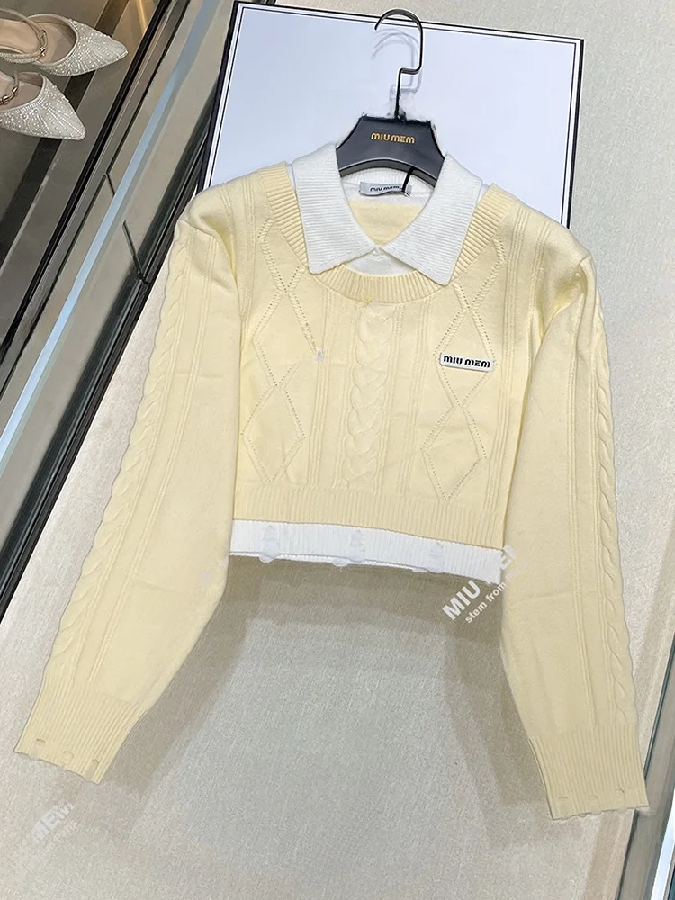 

High-End Autumn Diamond Pattern Knitted Sweater with Stand Collar Fake Two-Piece Ladies Faion Polyester Fiber Long Sve Top