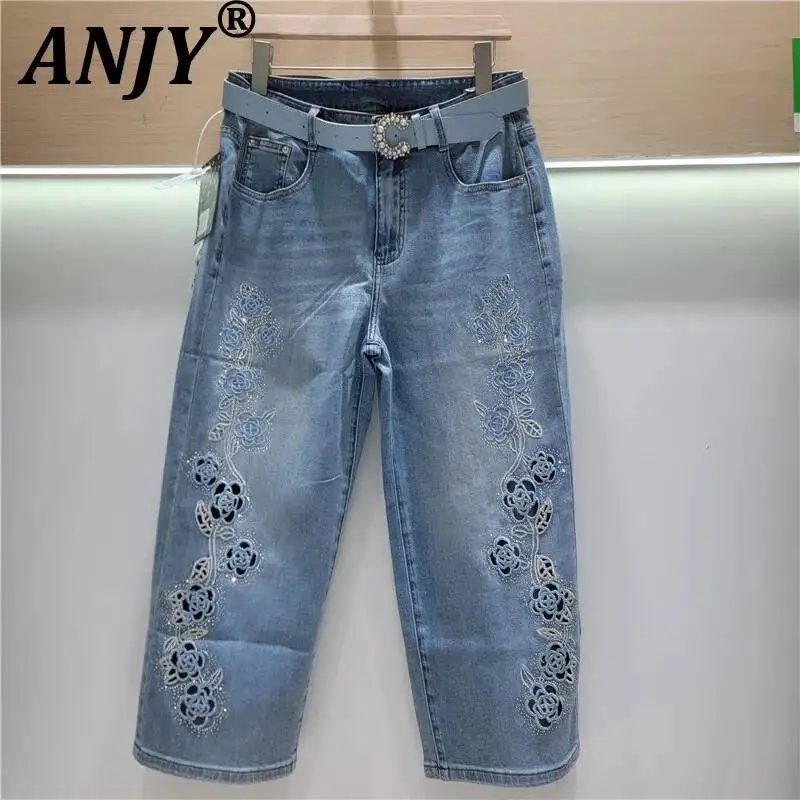 

ANJY Spring Summer New Women Heavy Embroidered Flower Diamonds Loose Slim Denim Pants Ins Casual Hollow Out Cropped Jeans A24680