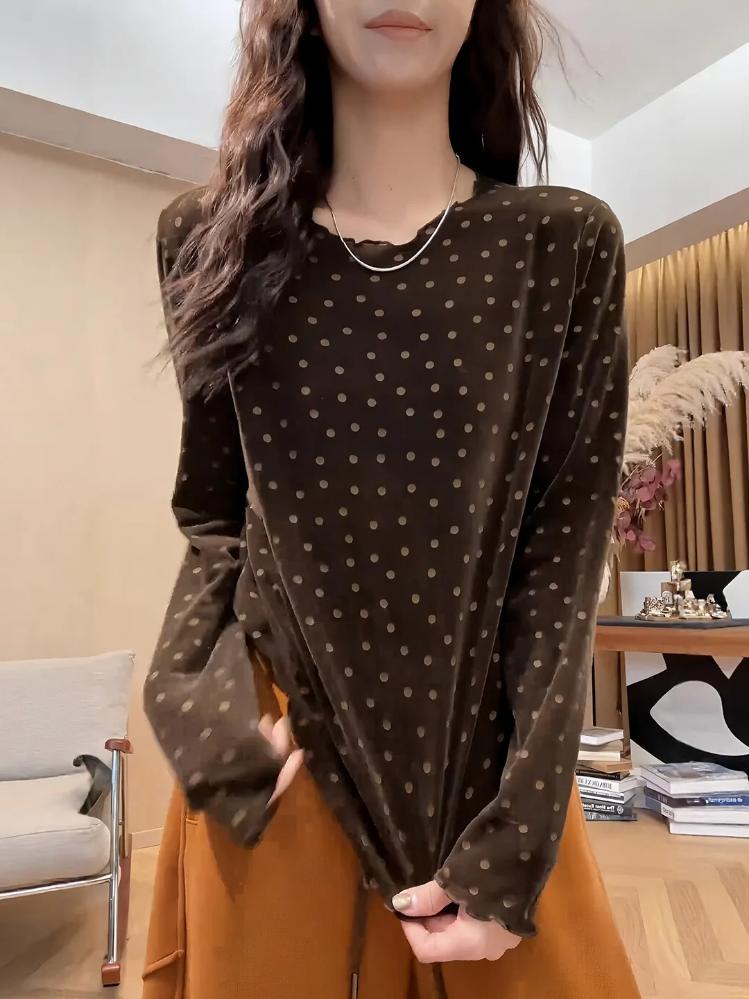 plus Size Women's T-Shirt with Wood Grain  Coffee Polka Dot Long Sleeve Base Shirt Top for Autumn New Style Slimming Effect