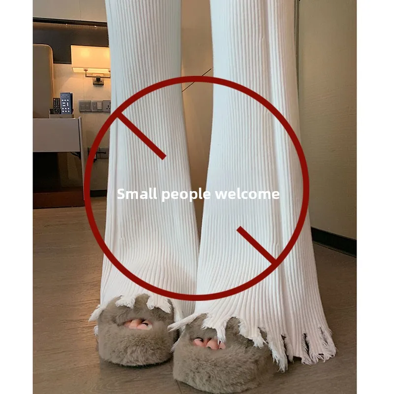 Knee-Length Knitted Wide Leg Pants Women's Spring Autumn Chic Flared Pants Small Stature Casual Long Pants Korean Sle