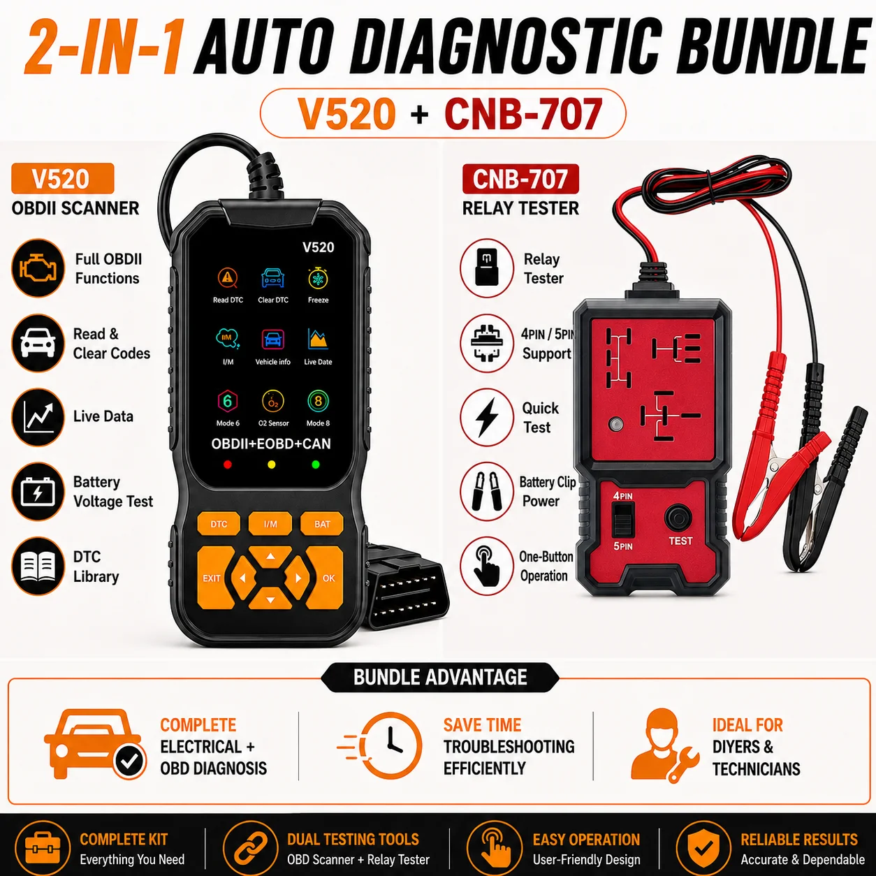 V520 OBD2 Diagnostic Scanner with CNB-707 Relay Tester, 2-in-1 Automotive Repair Tool Set, Code Reader, Live Data Monitor, 12V R