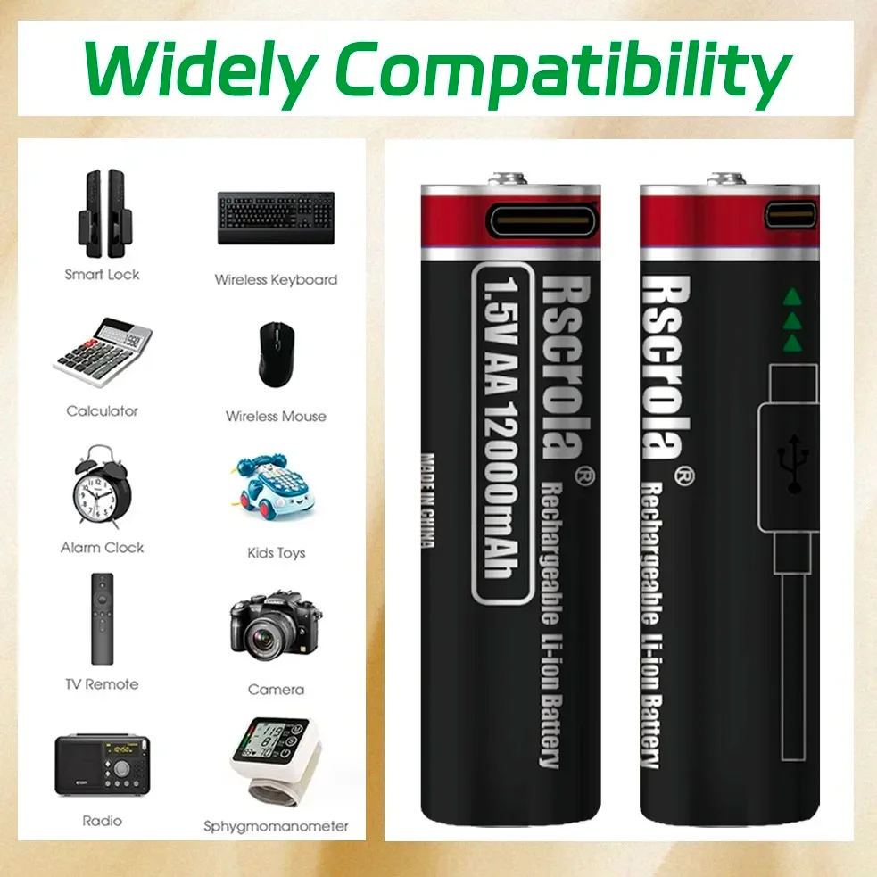 1.5V AA 리튬 배터리 충전식 12000mAh USB-C 고속 충전, 스마트 잠금장치, 게임 컨트롤러, 키보드용 일정 전압