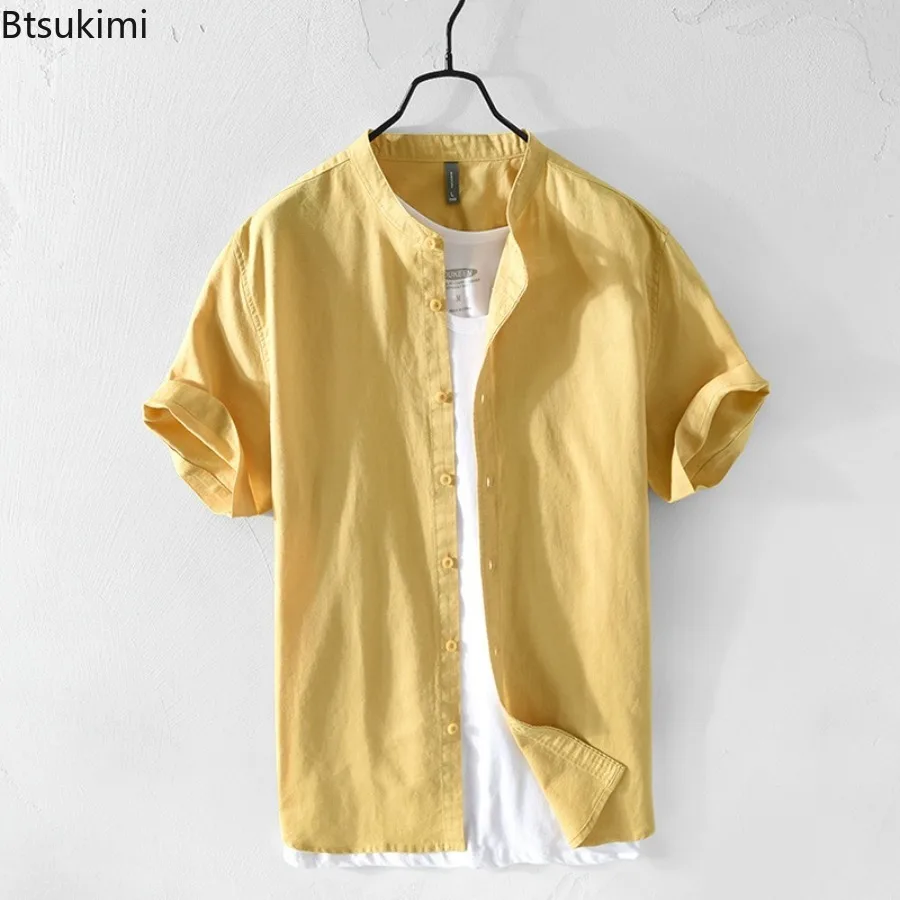 Summer Short Sleeve Shirts Men's Comfortable Cotton Linen Cool Breathable Casual Shirt Stand Collar Simple Beach Cardigan Shirts