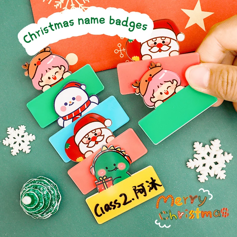 Broche d'activité de Noël pour enfants, badge de nom manuscrit, cadeau de dessin animé mignon, 4 pièces