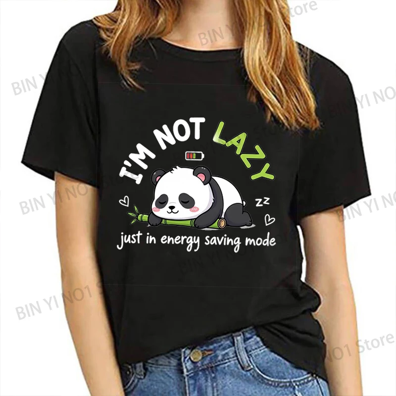 Funny I'm Not Lazy Just in Energy Saving Mode Print T-shirt Summer Panda Print T Shirt Women Men Short Sleeve Loose Shirts