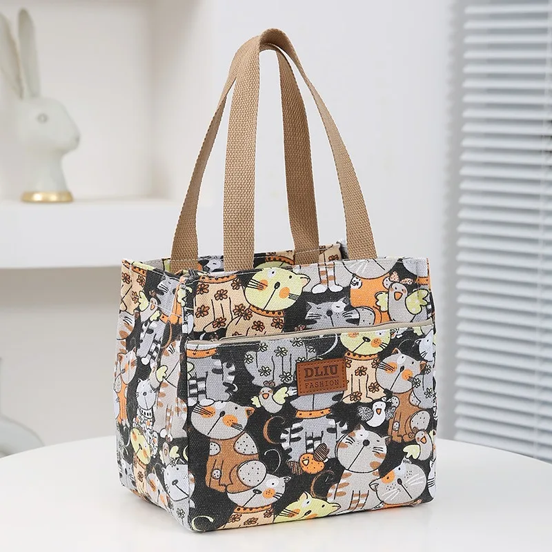 Cute Cartoon Print Lunch Bag, Portable Canvas Bento Bag, Women\'s Casual Handbag & Tote Purse For School, Office, Picnic