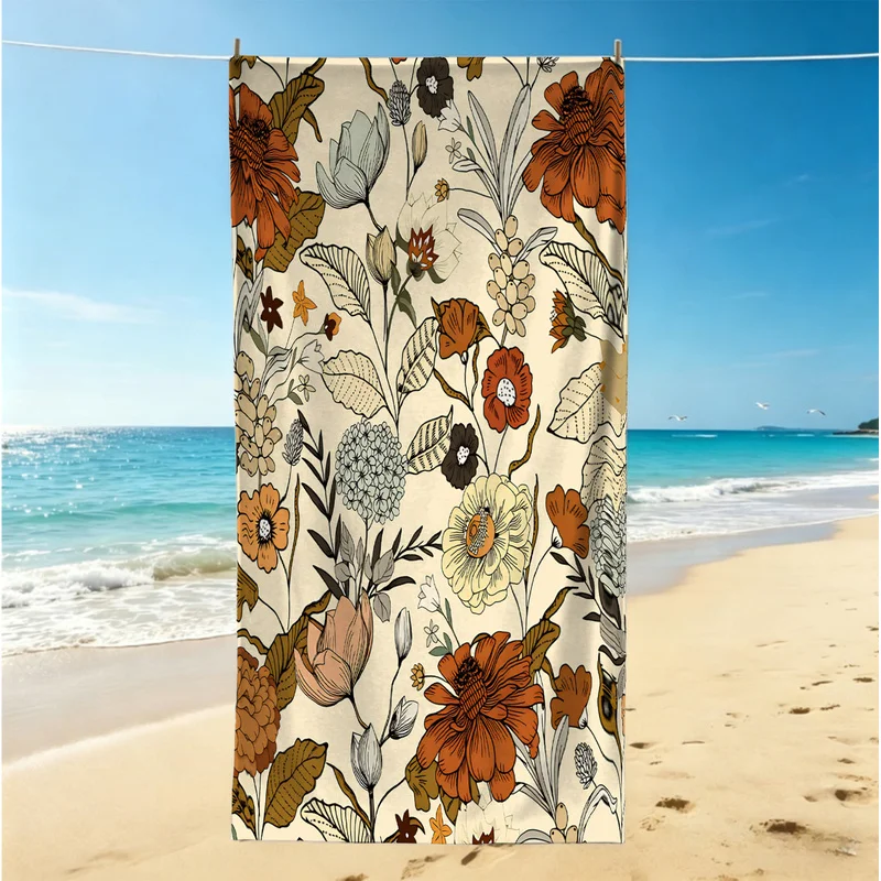 Microfiber Beach Towel,Ultra-Soft,Skin-Friendly,Portable,Durable,Autumn Floral Botanical Print,Artistic Beach Day Essentials