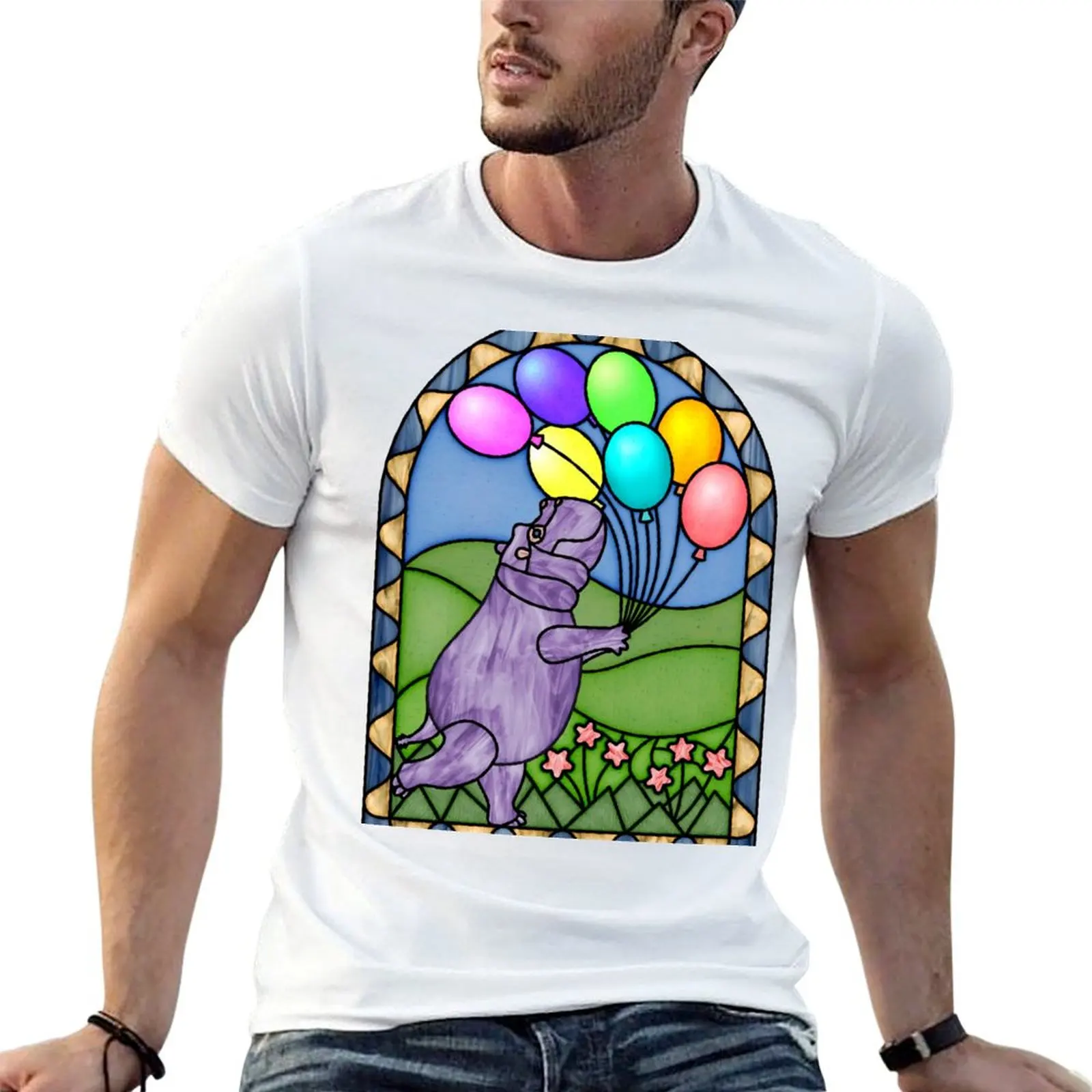 

Glass With T-Shirt t tshirt Stained Hippo Balloons man man slim shirts for fit
