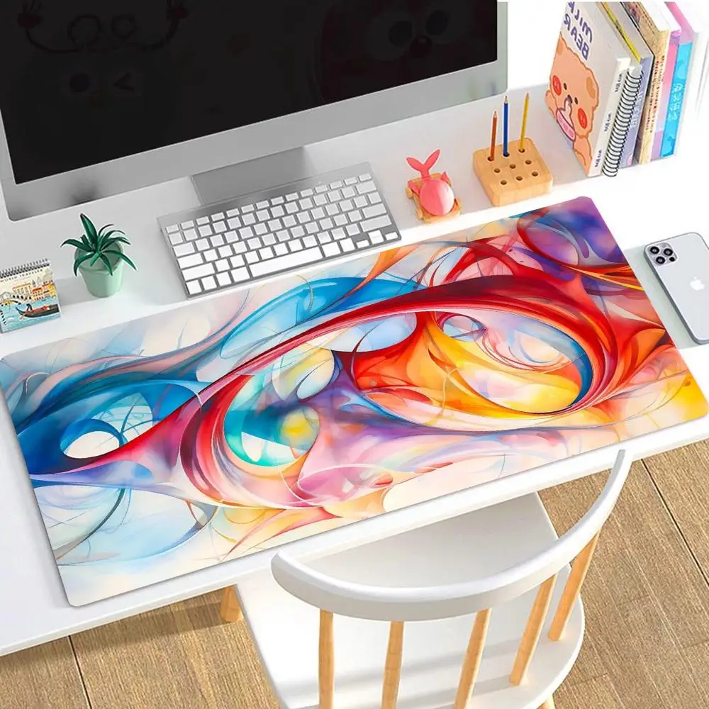 Red Blue Iridescent Fluid Large Desk Mat Art Gradient Style Non-Slip Stitched Edge Mouse Pad for Office Study Gaming