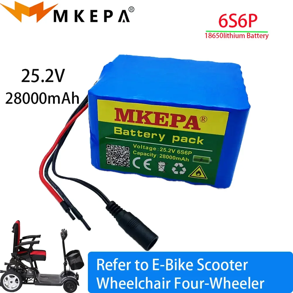 24V 28Ah Large-Capacity 18650 Battery Pack 6S6P 25.2V E-Bike Scooter Wheelchair Four-Wheeler Lithium Battery Pack BMS+ Charger