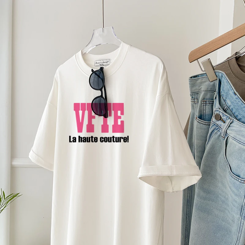 2025 ฤดูร้อนใหม่แฟชั่นอเนกประสงค์พิมพ์รอบคอหลวมแขนสั้นเสื้อยืดผู้หญิงสีขาวผ้าฝ้ายสีดํา A315