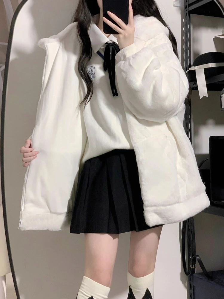 KOSAHIKI Japanese Kawaii Fluffy Coat Y2k Women Aesthetic Fairy Grunge Jacket Warm Outwear Ber Ear Hooded White Jackets Cute Top