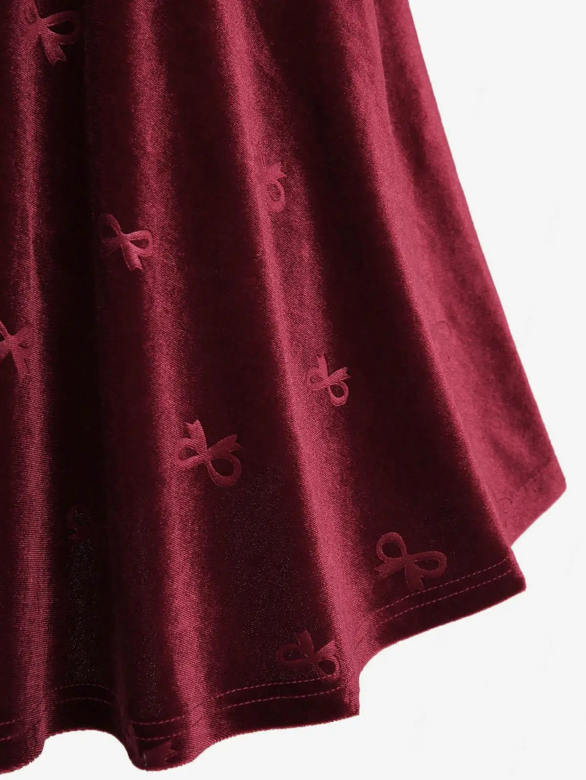 เดรสสั้นทรงเอไลน์สไตล์โกธิคสำหรับผู้หญิง สีแดงเข้ม ผ้ากำมะหยี่ลายนูน แต่งโบว์ แต่งขอบด้วยลูกไม้ และกระดุมแบบติดตะขอ