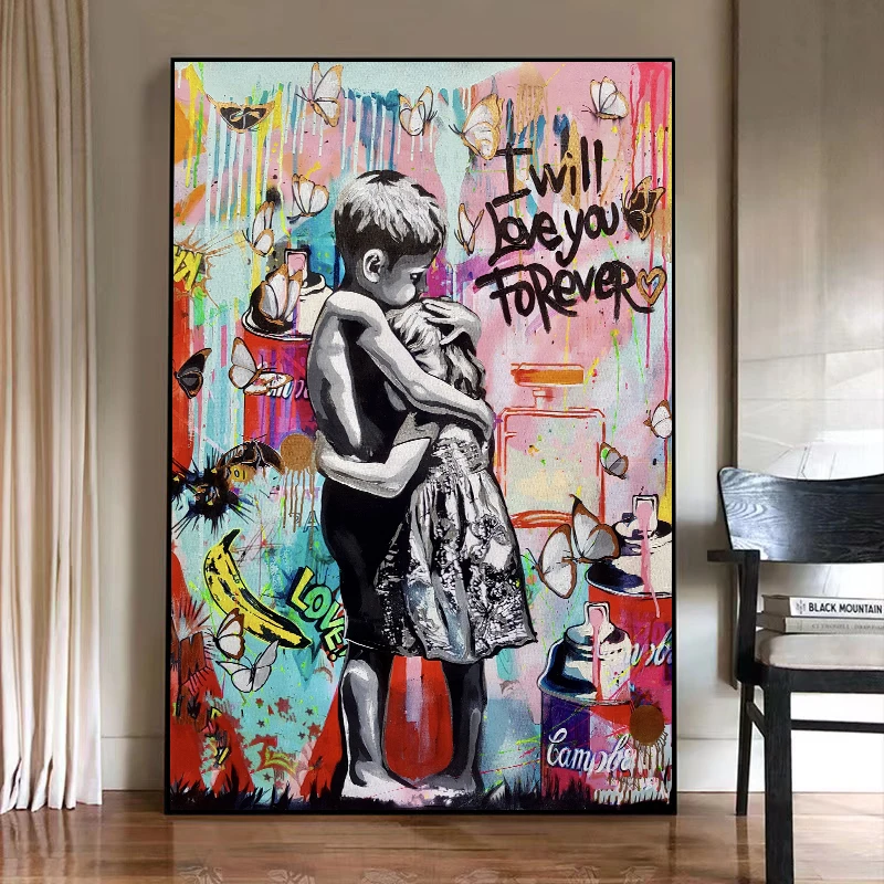 Boy and Girl Hugging Love Romantic Art Graffiti Canvas Painting Banksy Wall Art Prints Poster Artwork for Living Room Home Decor