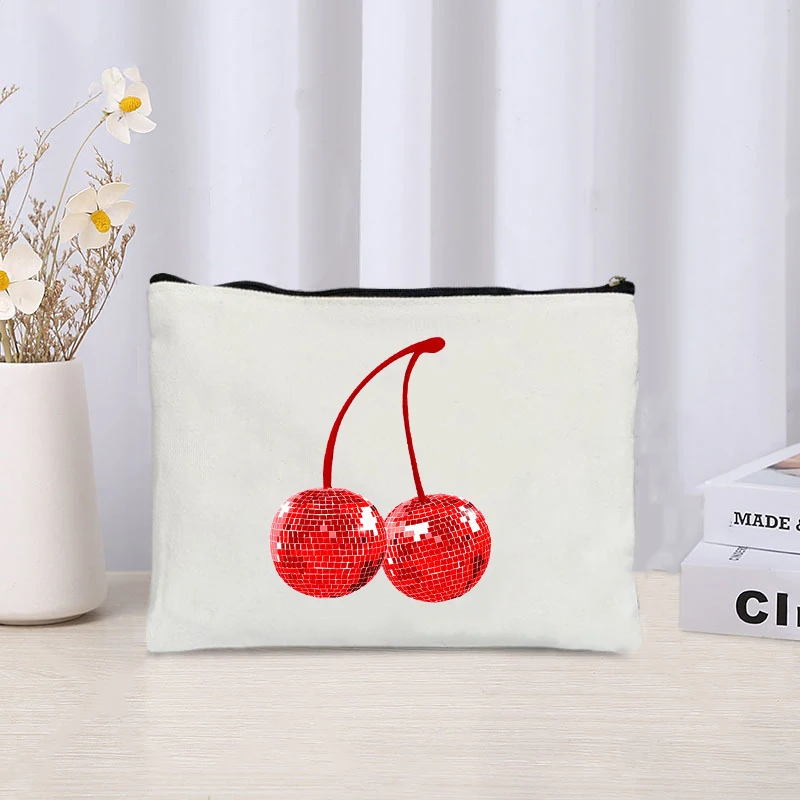 Kawaii Retro Canvas Makeup Bag para Mulheres e Meninas, bonito Ulzzang Bag, Padrão Doce Cereja, Estojo Cosmético, Armazenamento, Carteira, Ins