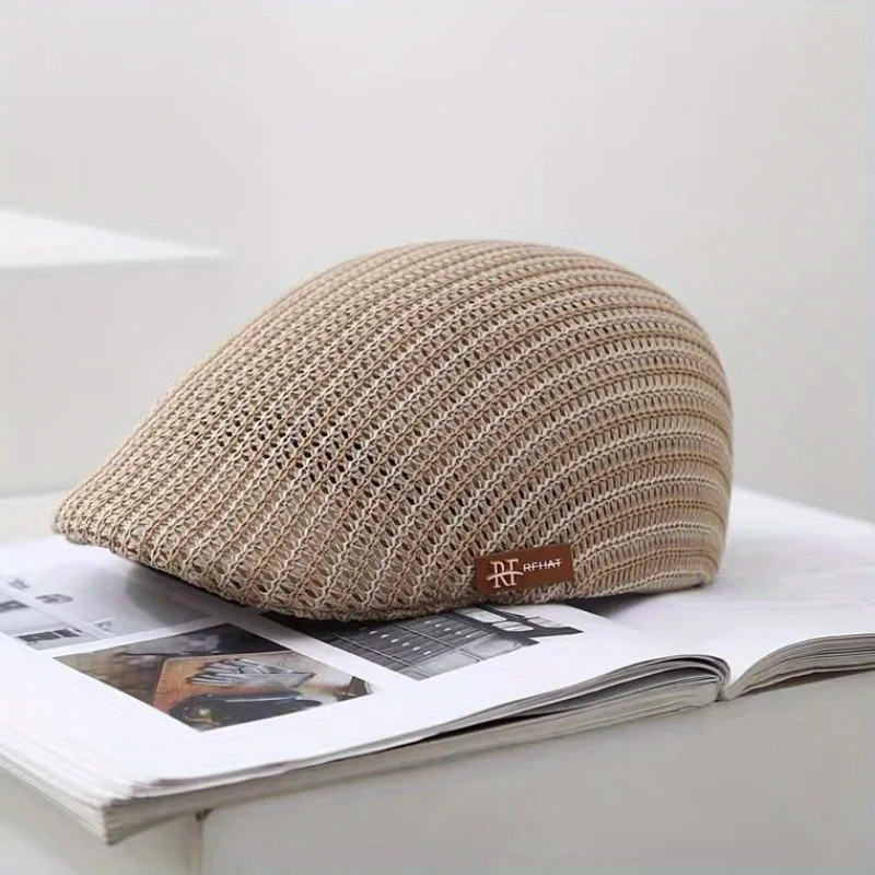

Summer Newsboy Beret Cap Linen Blend Fabric Breathable Hollow Knit Design Casual Peaked Hat for Outdoor Travel Daily Use