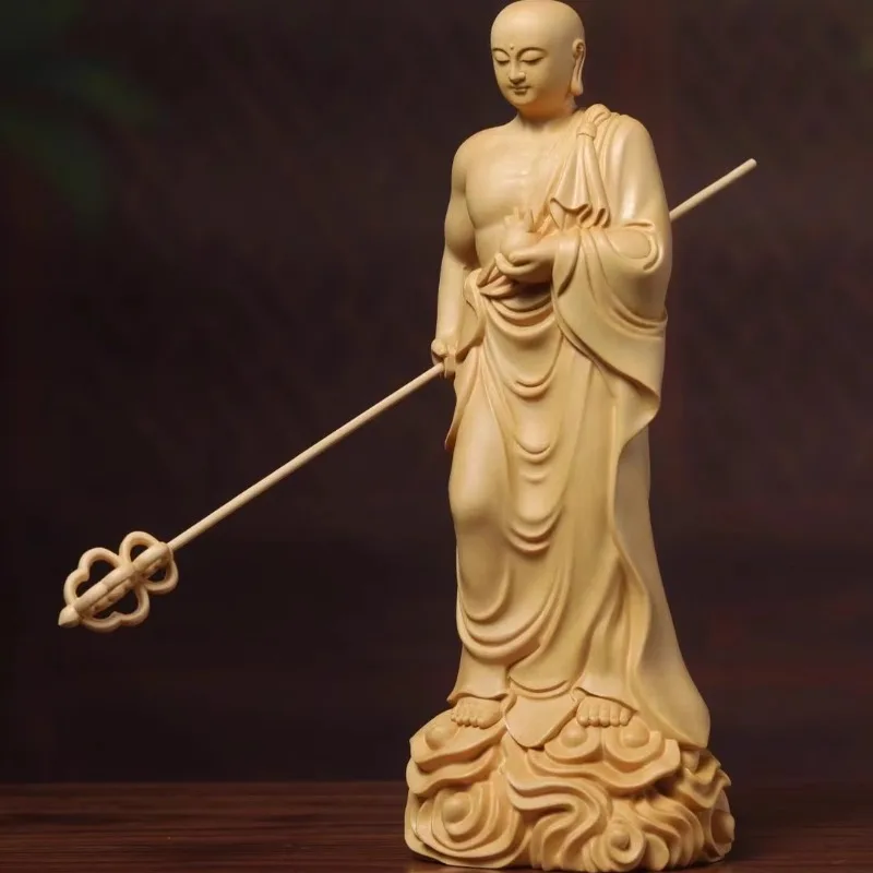 Hinoki Wood Hand Carved Ksitigarbha Dizang Bodhisattva Standing Statue Figurine W/ Staff Jewel - Spiritual Ornament Home Temple