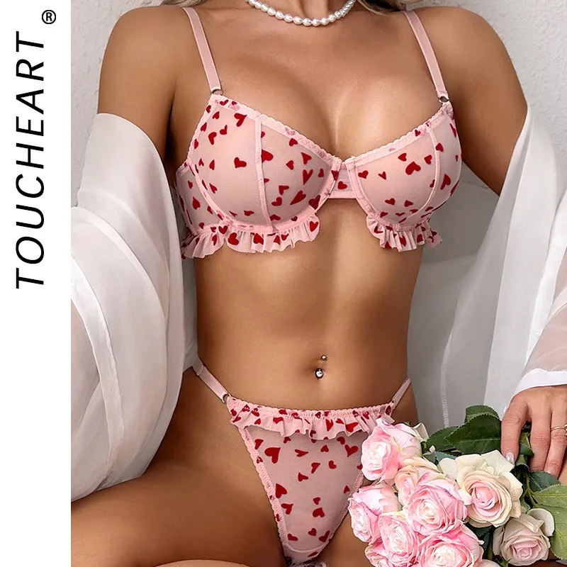 

Toucheart Cute Sexy Underwear Panty Thin Model Mesh Printing Slim Plunge Elegant Interesting Women Hollow Charming Lingerie Set