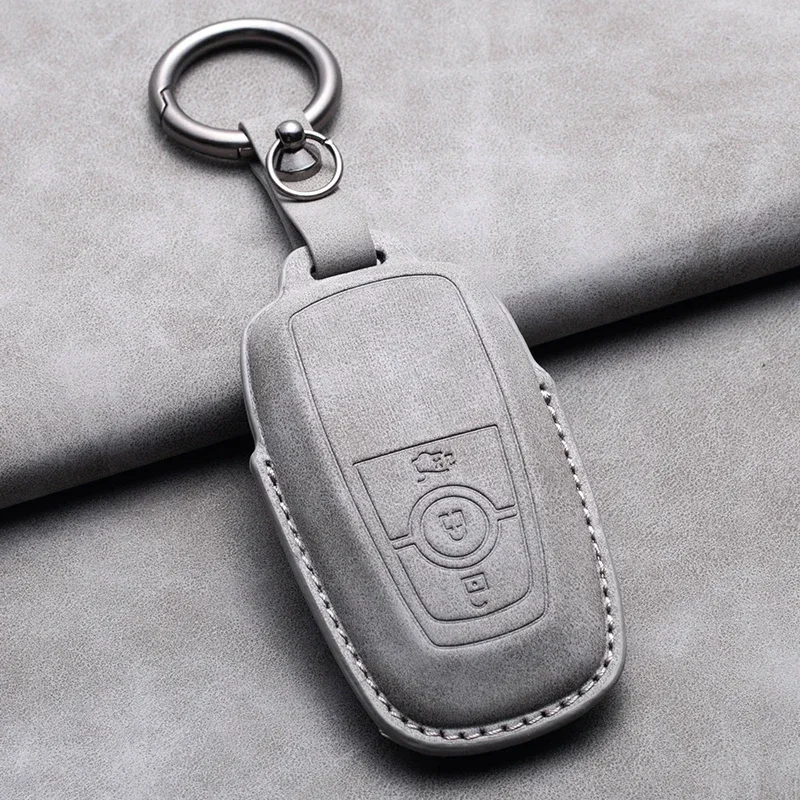 Leather Car Key Case Cover Shell For Ford Fusion Mustang Explorer F150 F250 F350 EcoSport Edge S-MAX Ranger Lincoln Mondeo