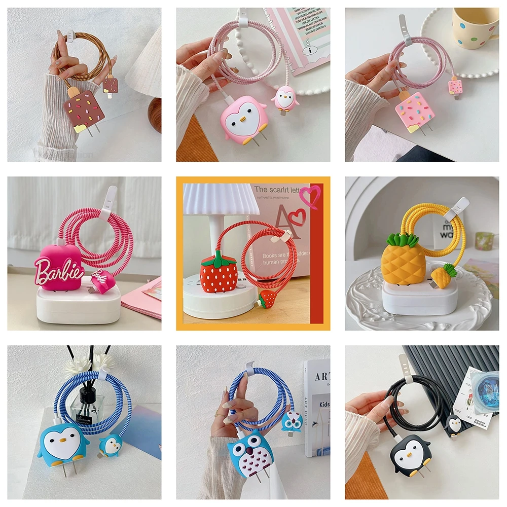 3D Protective Soft Case For iPhone 16 15 17 18/20W Fast Charging Candy Color USB Data Cable Protective Case Cute Cartoon Funny