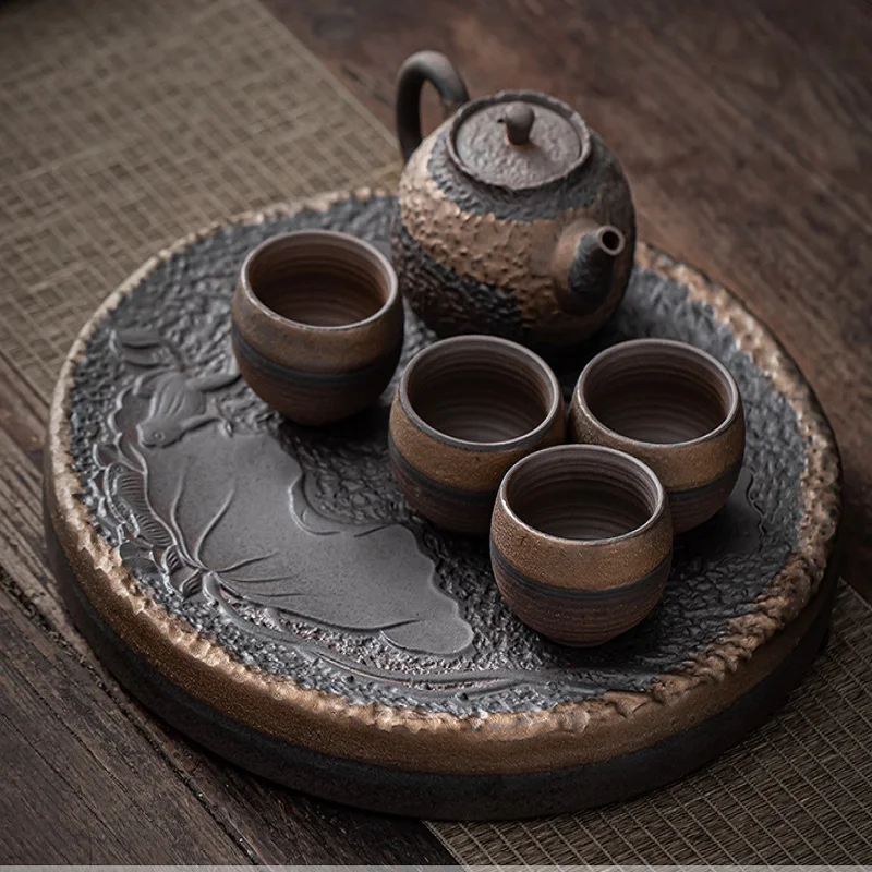 Japanese-style Rough Pottery Kung Fu Tea Set Home Ceramic Tea Tray Water Storage Tea Table Retro Teapot Tea Cup