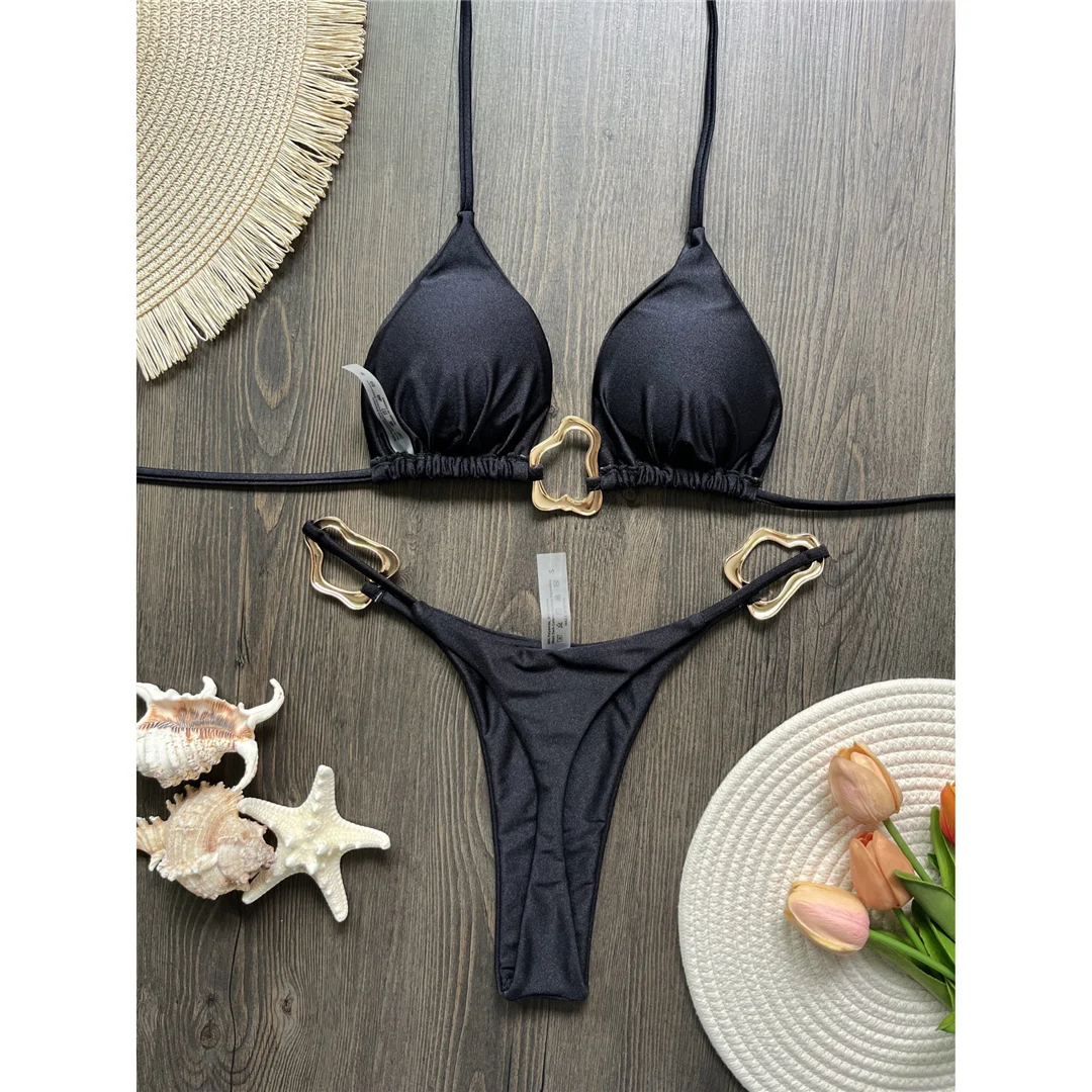 Glänzender Metallring Neckholder Mini-Tanga-Bikini Damen-Badeanzug Zweiteiliges Bikini-Set Badebekleidung Badeanzug Schwimmanzug V6438 – Detail 28