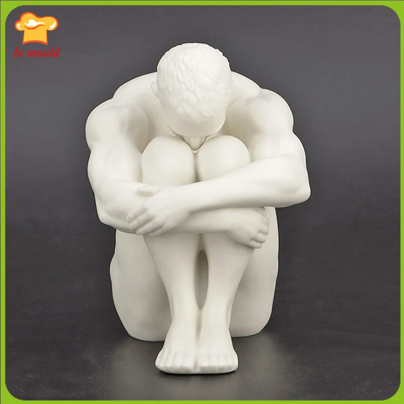 Large Male Sitting Posture Silicone Molds for Candle Plaster Resin Handmade 3D Body Soap Moulds with Both Hands Hug Legs