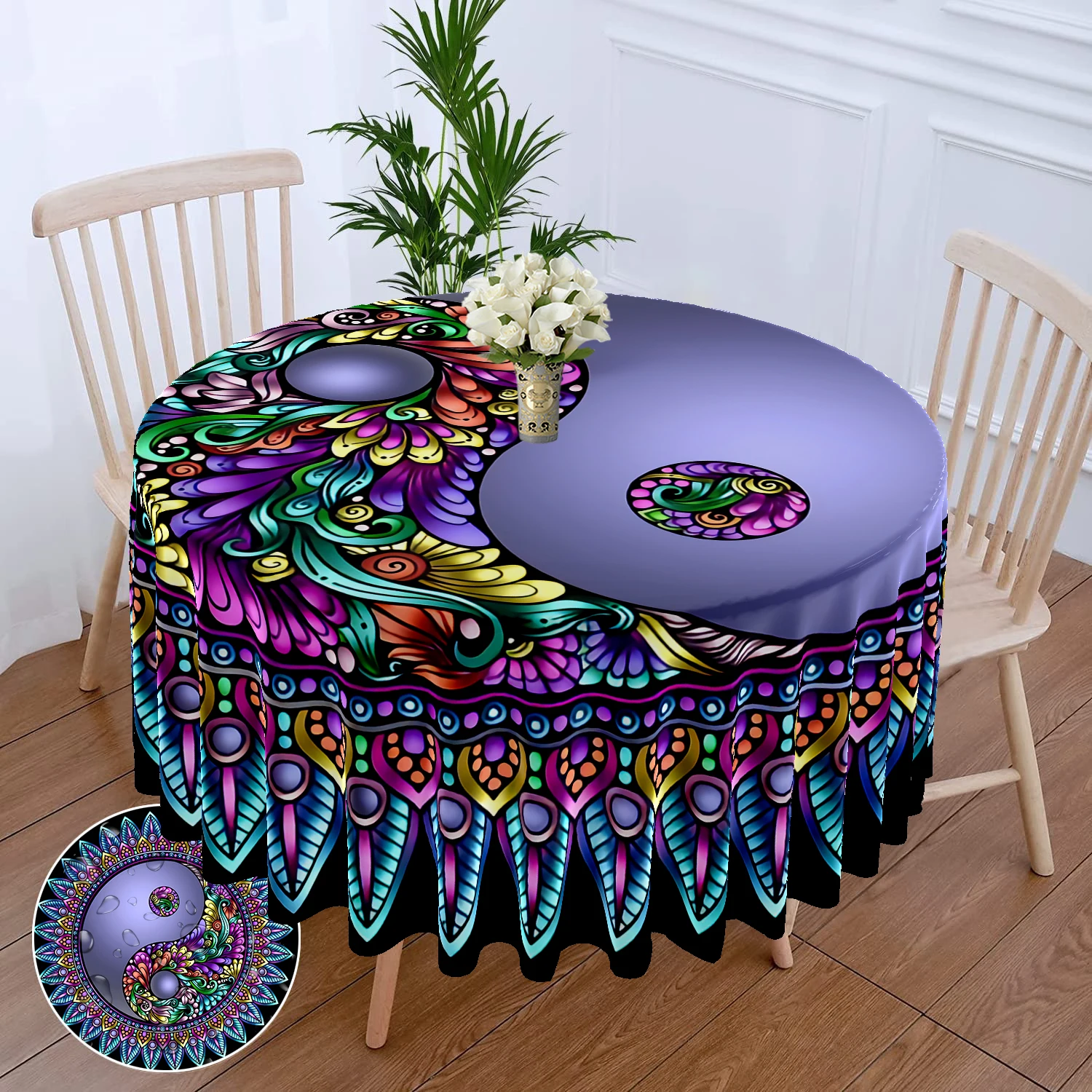 1 piece of Yin Yang Tai Chi Circular Tablecloth Waterproof Color Terrace Dining Table Cover Bohemia 63 inch Tablecloth
