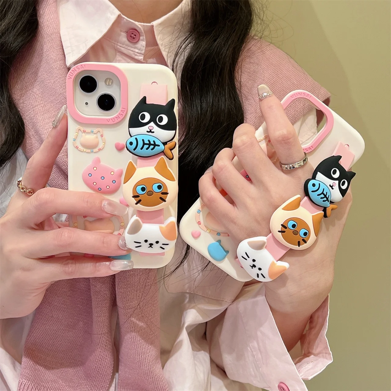

Cute Little Cat Eat Fish Wristband Bracket Style Original Silicone Phone Case For iPhone 17 13 14 15 16 Pro Max Anti Drop Case