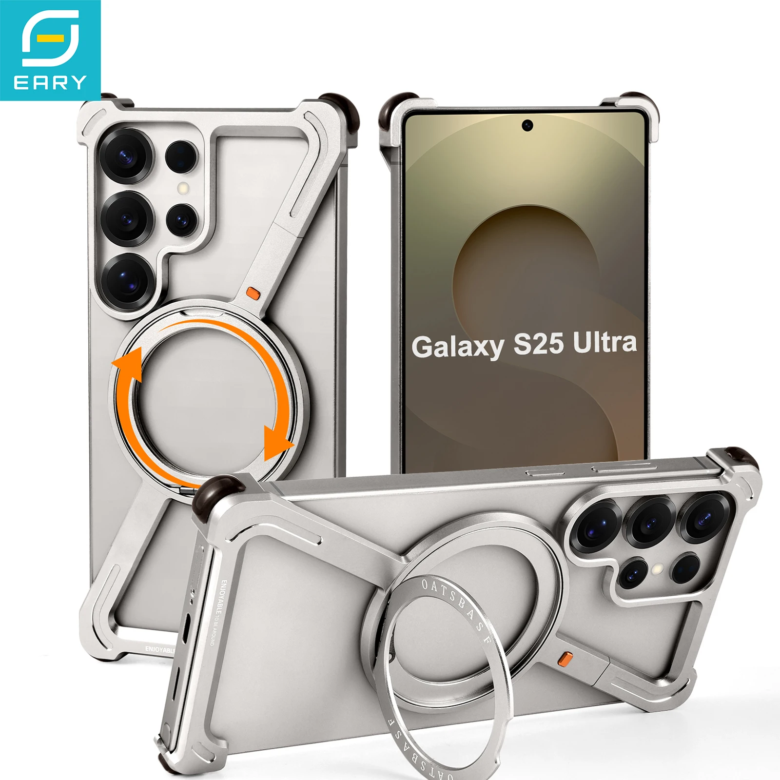 

Чехол Eary Z для Samsung Galaxy S25 Ultra S24 Ultra с магнитным кольцом-подставкой 360° ° Ударопрочный металлический безрамочный чехол для телефона с функцией вращения