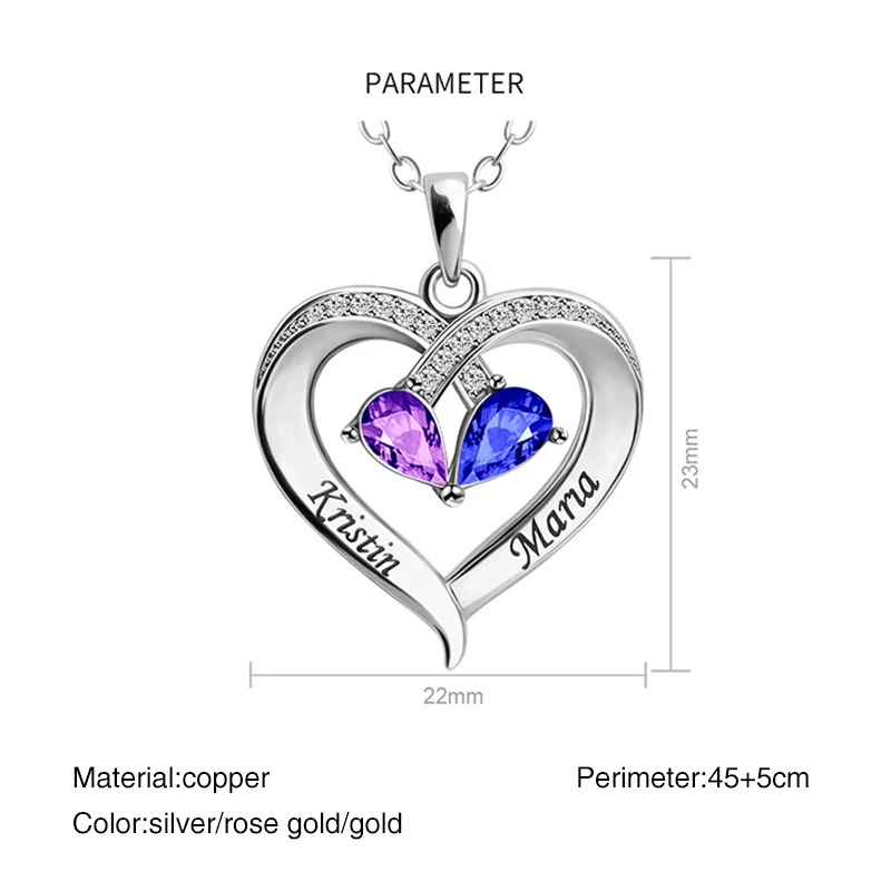 Personalized Name Birthstones Necklace Custom Name Heart Pendant with Engraved Names Necklace Anniversary Birthday Jewelry Gifts - Image 6