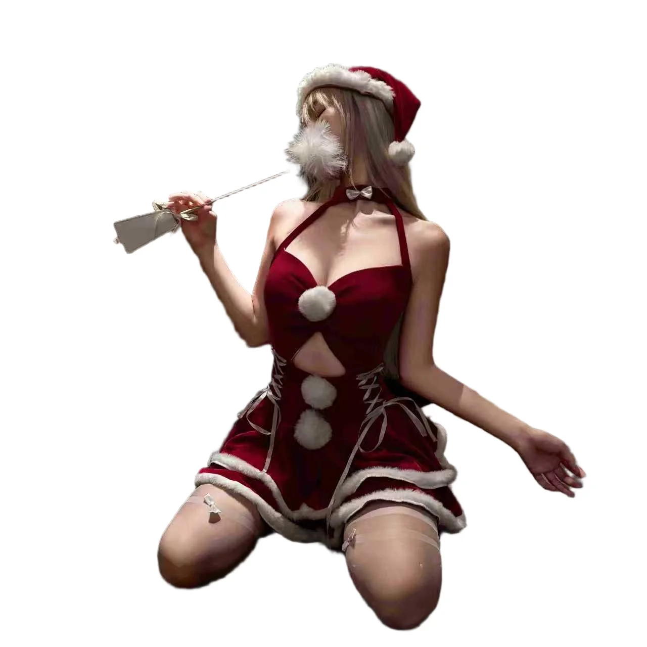 

Sexy Christmas Costume Red Dress Cosplay Costume Santa Claus Bunny Girl Stage Perfermance Outfit Fancy Bow Deep V Dress Pretty
