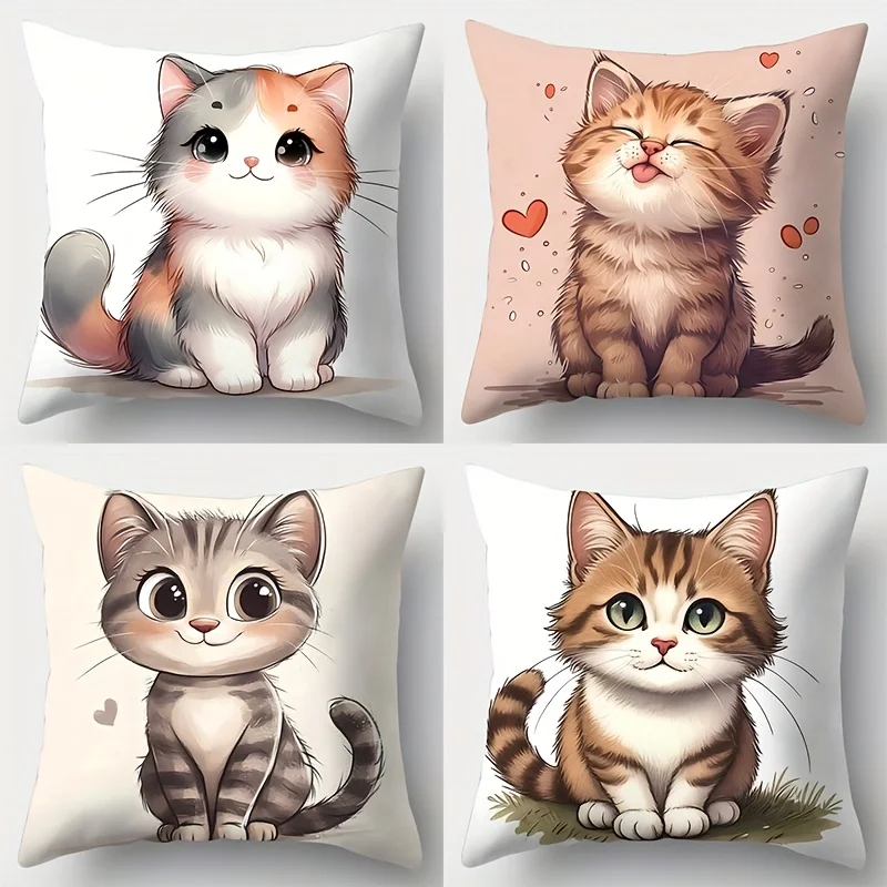 

4Pcs Cute Kitten Pillow Covers 45x45cm Double-sided Printed Cushion Cases Cartoon Cat Home Decor Throw Pillows No Insert