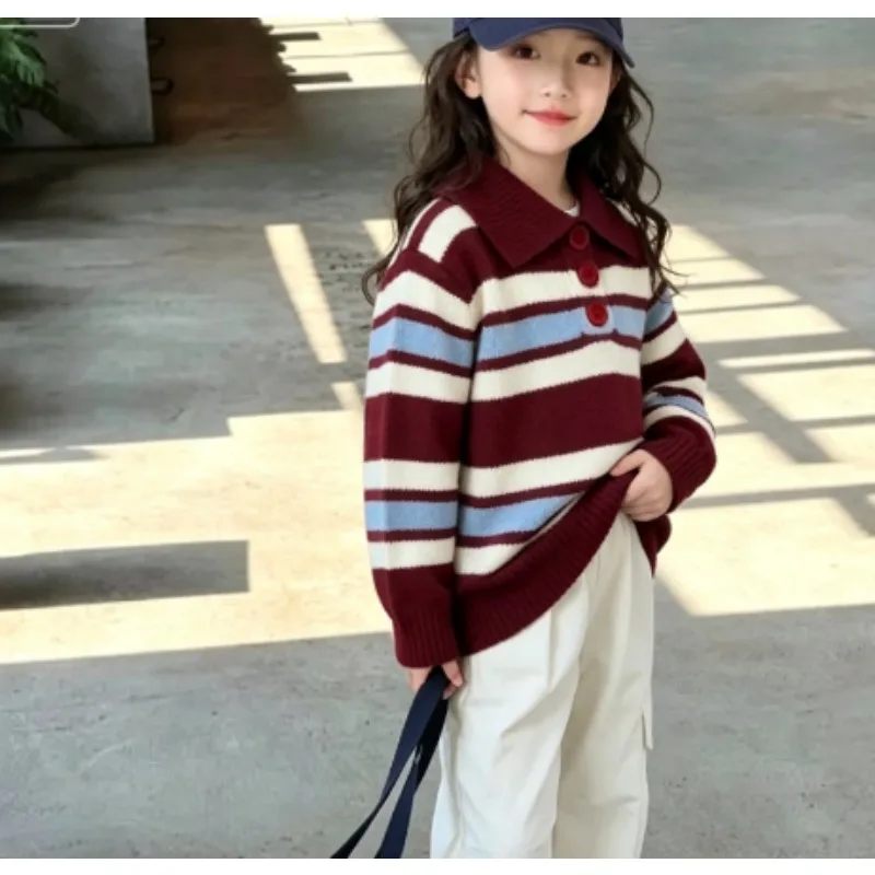 Korea Autumn/winter 2026 Striped Western-style Children's Sweater New Style Lapel Baby Boys' and Girls' Knitted Sweater