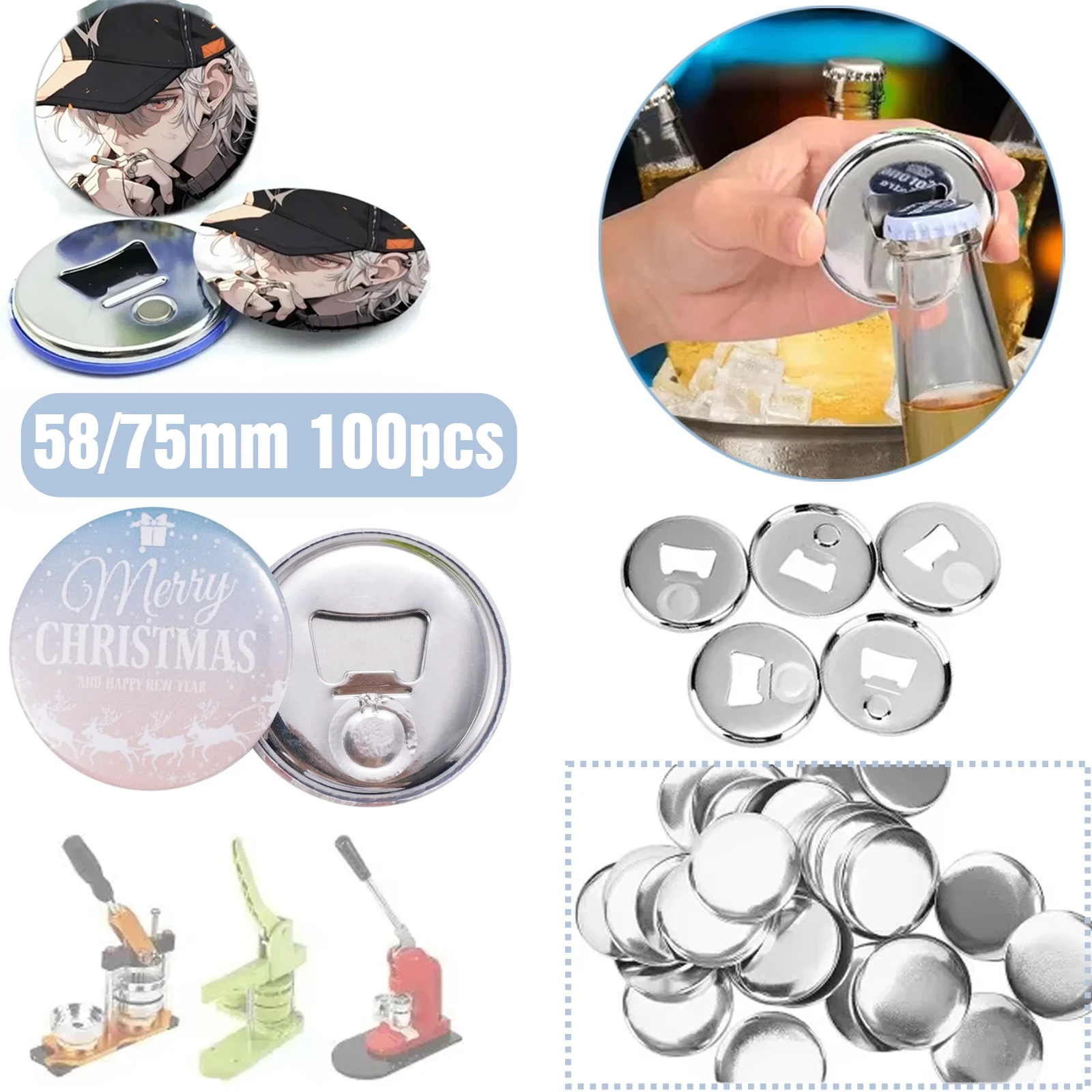 

58/75mm 100Sets Magnetic Bottle Opener Metal Button Parts Supplies for Button Maker Machine Round Pin Materials Fridge Magnet