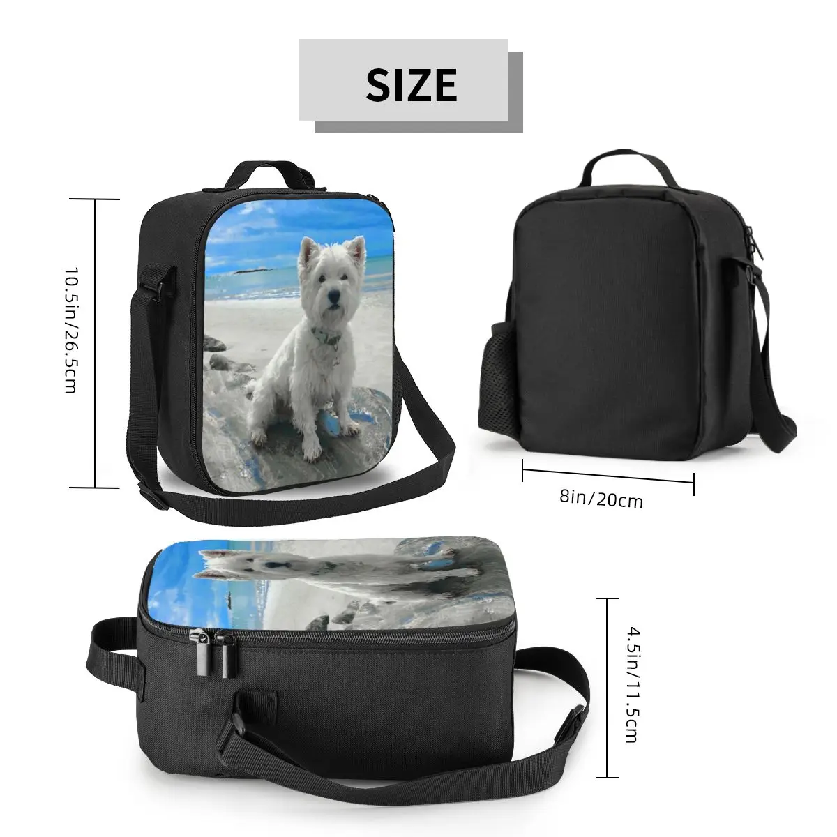 Sacos de almoço isolados térmicos de West Highland, cão terrier branco, sacola reutilizável para escola e escritório, cachorro selvagem na praia