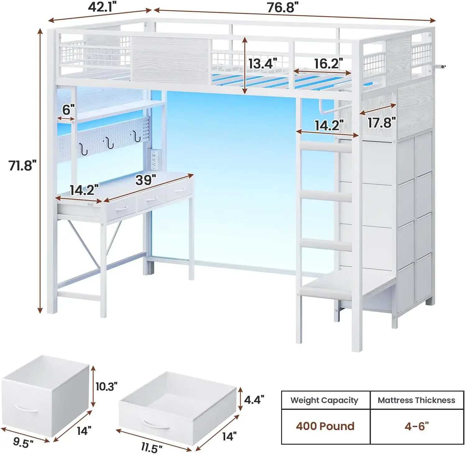 ADORNEVE Twin Size Loft Bed with Desk, 11 Storage Drawers & RGB LED Lights, Metal Loft Bed with Power Outlet, Shelves & Clothing