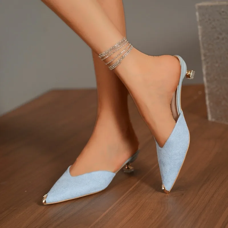 

New Baotou Semi-slippers Women's Summer Fashion Wear Metal Pointed Toe Shallow Suede Non-slip Stiletto High Heels