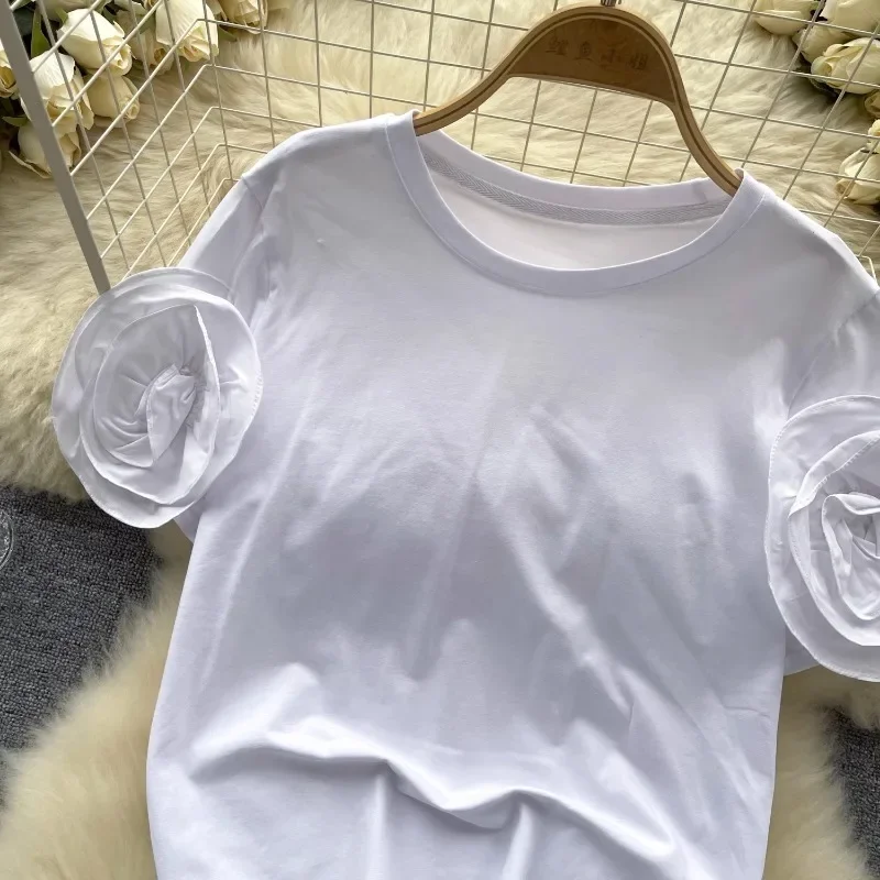 Korean Fashion Casual O-neck Solid Tshirts Women Short Sleeve 3D Flower Loose Pullover Tee Summer All-match Street Lady Top