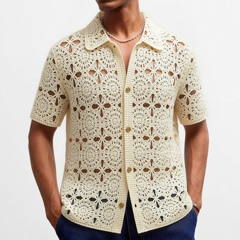 Beach Holiday Summer Men Tops Cardigan Hollow Out Crochet Short Sleeve Polo Shirts Mens Casual Lapel Knitting T-shirts SY0220