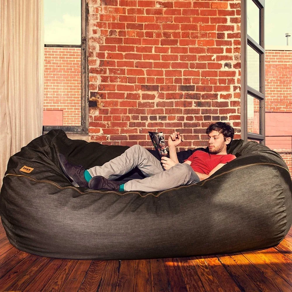 7-foot Giant Polyurethane Bean Bag Sofa, Black Denim Fabric with High-quality Tapered Denim Cover and Brass Zipper Furniture