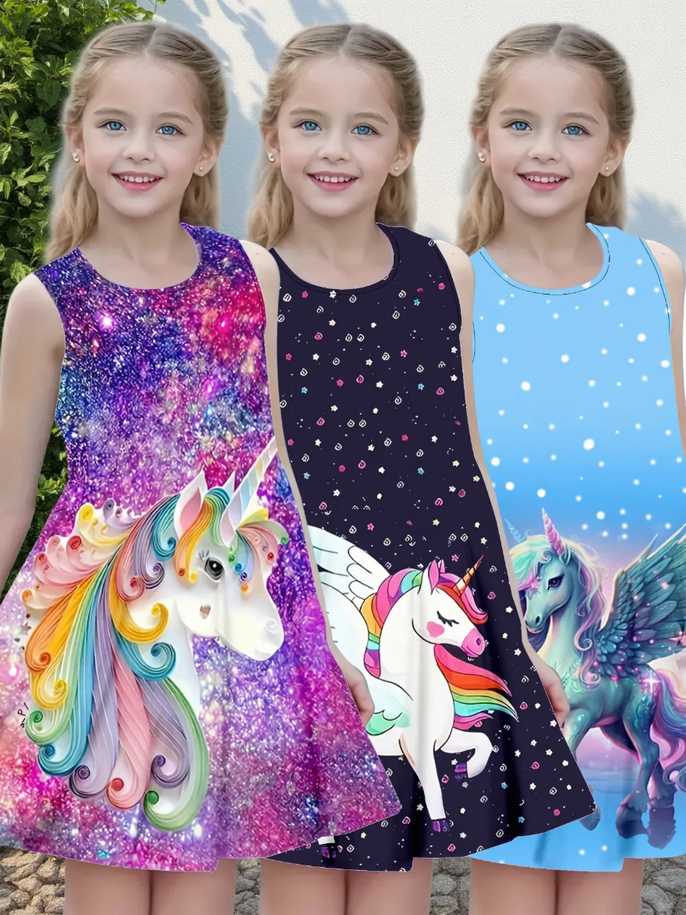 Kids Girls Multipack Sleeveless Dress, 3 Styles Magical Unicorn Galaxy Print A-line Sundress for Birthday & Outdoor