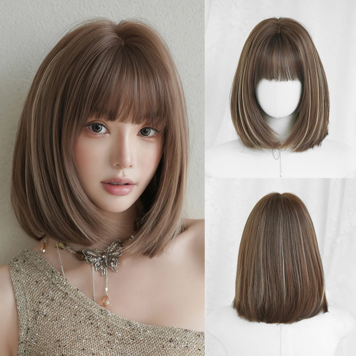 

7JHH WIGS Short Straight Brown Highlight Beige Wig for Women Synthetic Modest Fashion Wear and Go Bob Wigs with Neat Bangs