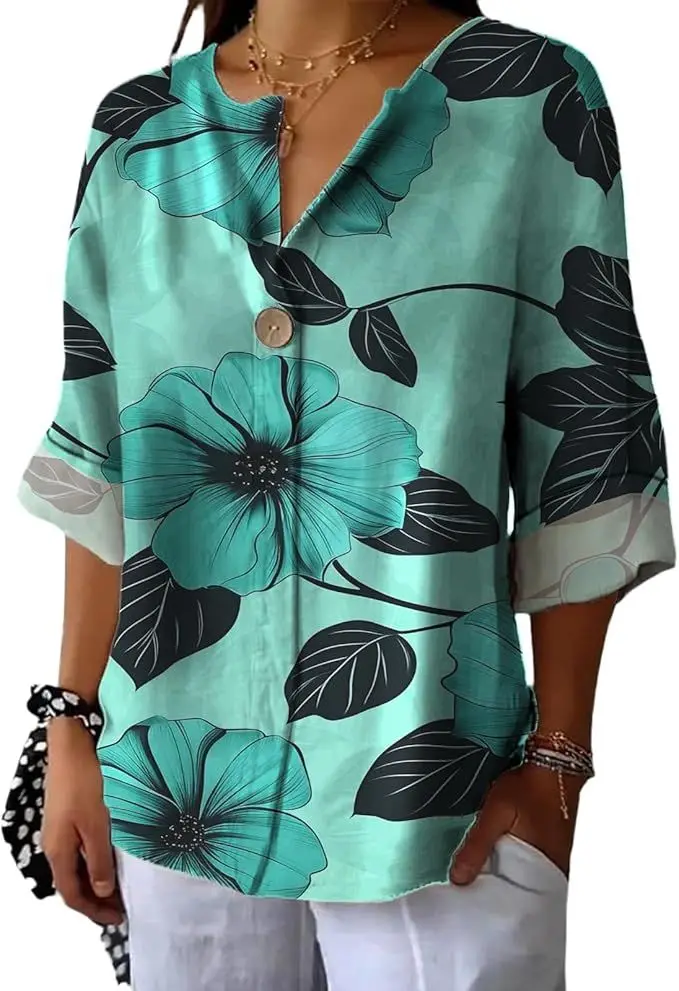 

Women's oversized shirt, square, minimalist patterned shirt, v-neck, new summer short sleeve loose blouse