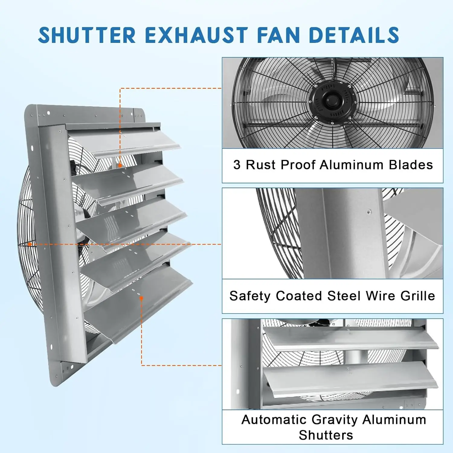 24-Zoll-Abluftventilator mit Verschluss, Wandmontage-Abluftventilator aus Aluminium, 3500 CFM, 1500 U/min, hohe Geschwindigkeit, geräuscharmer automatischer Verschluss