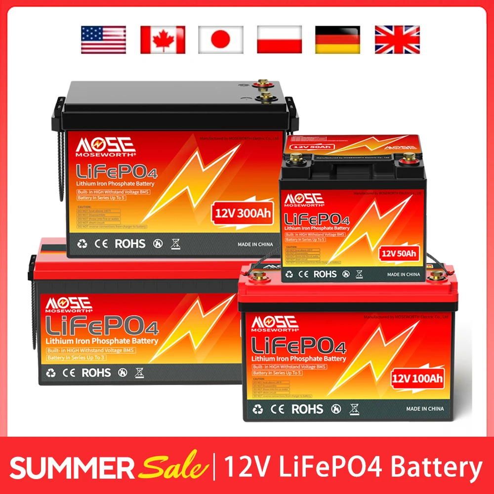 EU UK CA US Stock 12V 24V LiFePO4 batteria 50Ah 100Ah 200Ah batteria ricaricabile al litio ferro fosfato con BMS per Camper RV